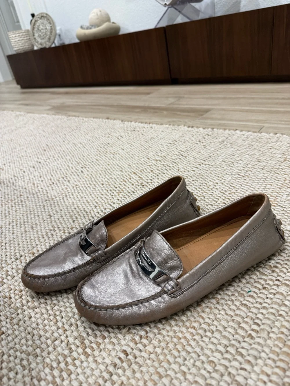 Coach Metallic Taupe Leather Moccasin Flats